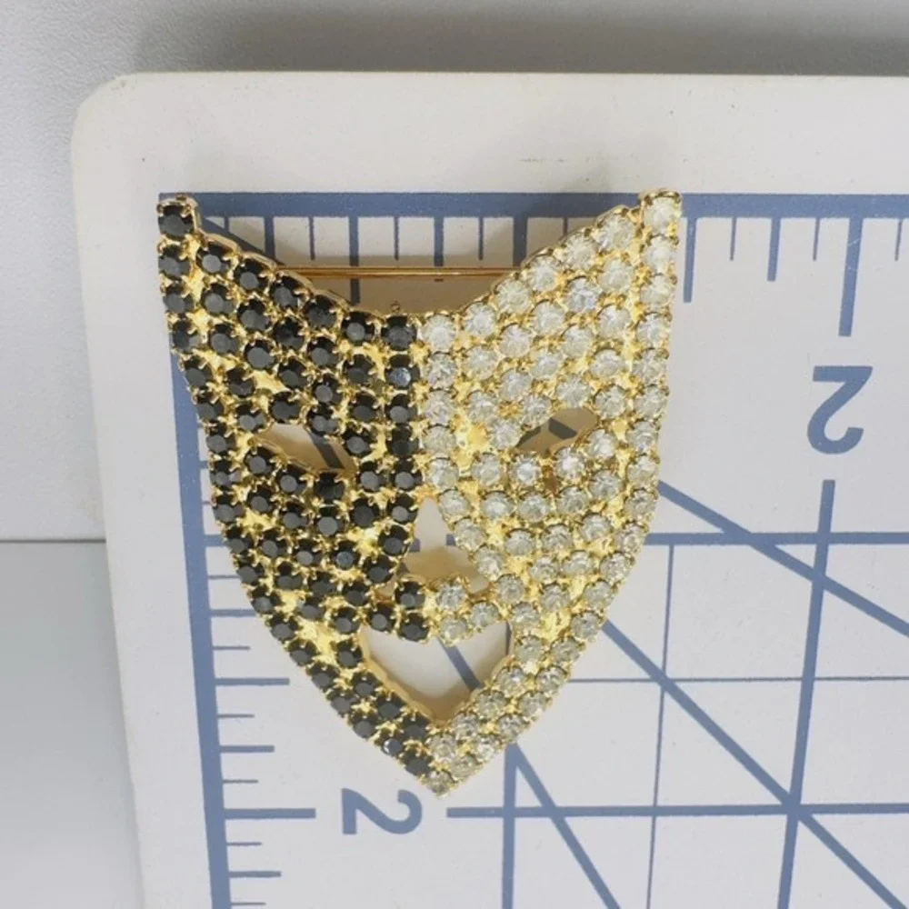 Siluane Mask Brooch Rhinestone Gold Tone Black Clear Crystal Theatrical Mask Pin
